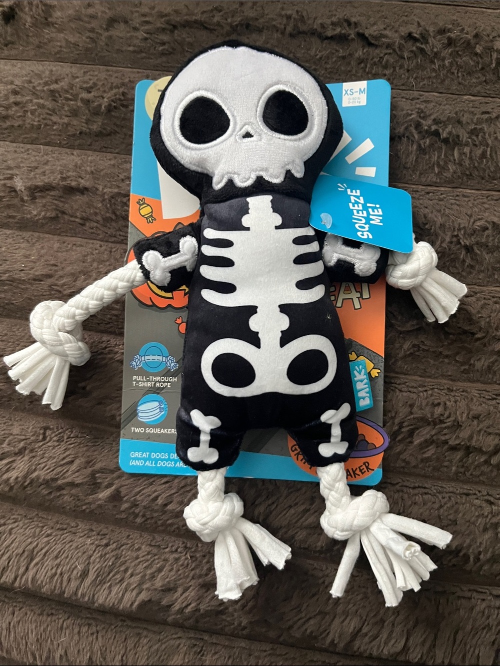 Bark Black & White Plush Squeak Skeleton Rope Dog Toy